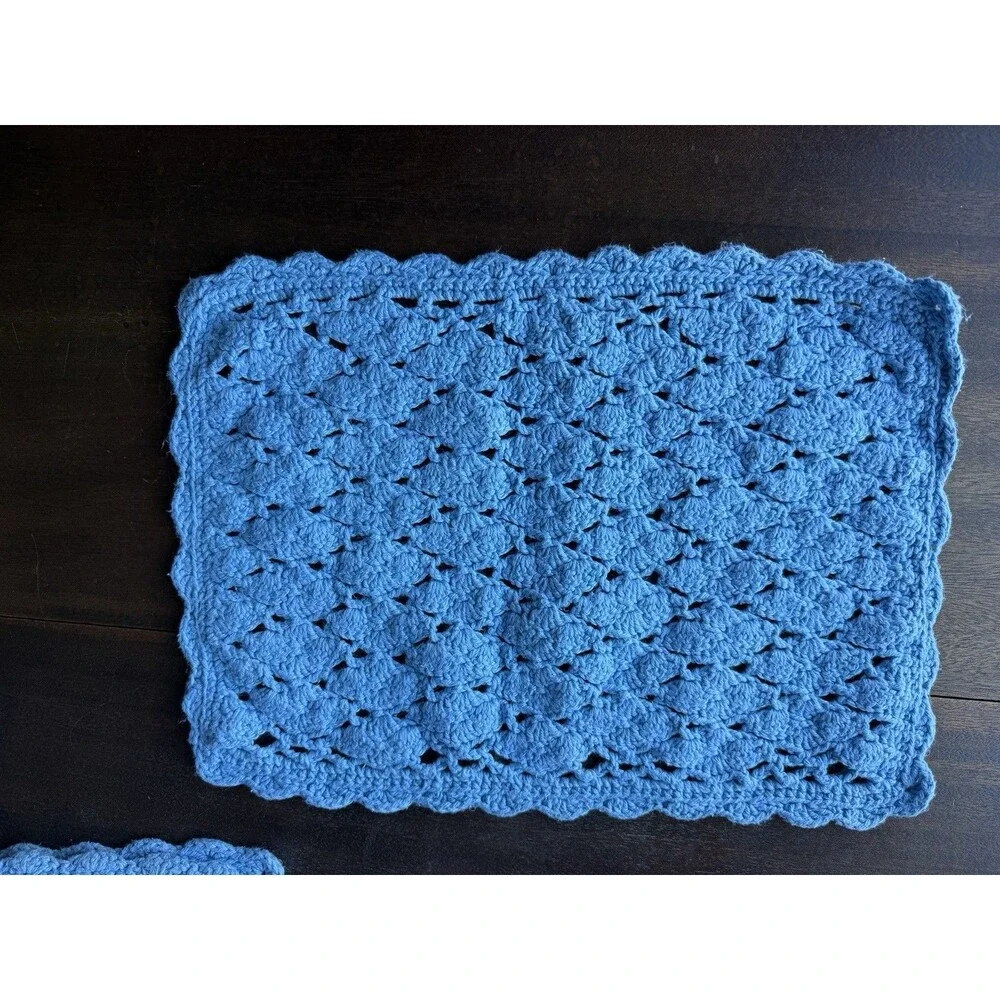 Set Of 8 Handmade Blue Crochet Placemats 17.5” X 11.5”